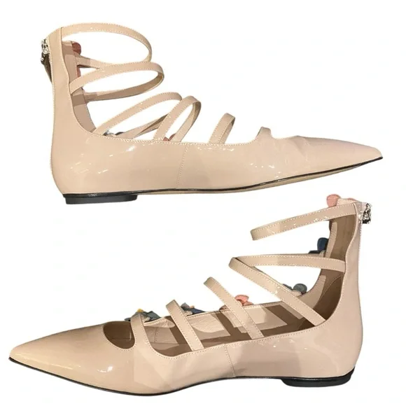 Fendi Flowerland Patent Leather Floral Trim Pointed Toe Ankle Cage Ballet Flats - Picture 6 of 6